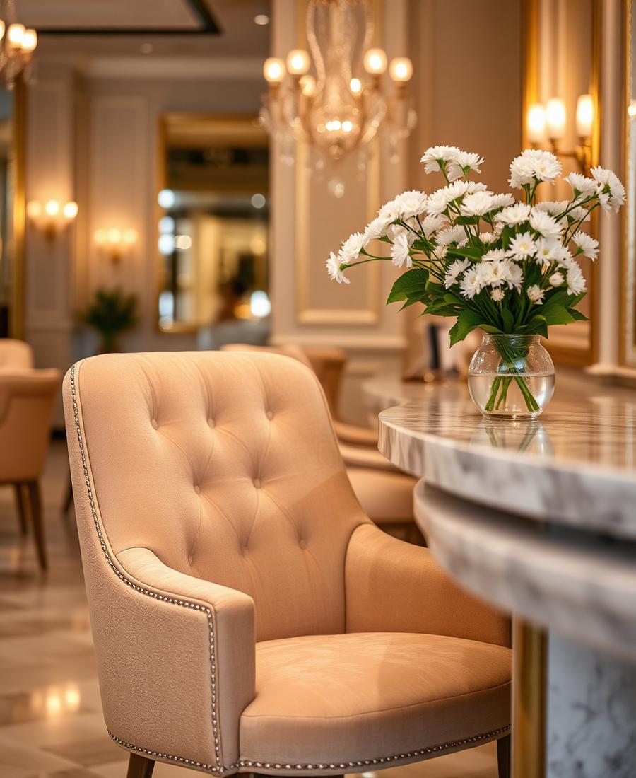 Champagne velvet seating and marble details in the Amara salon lounge