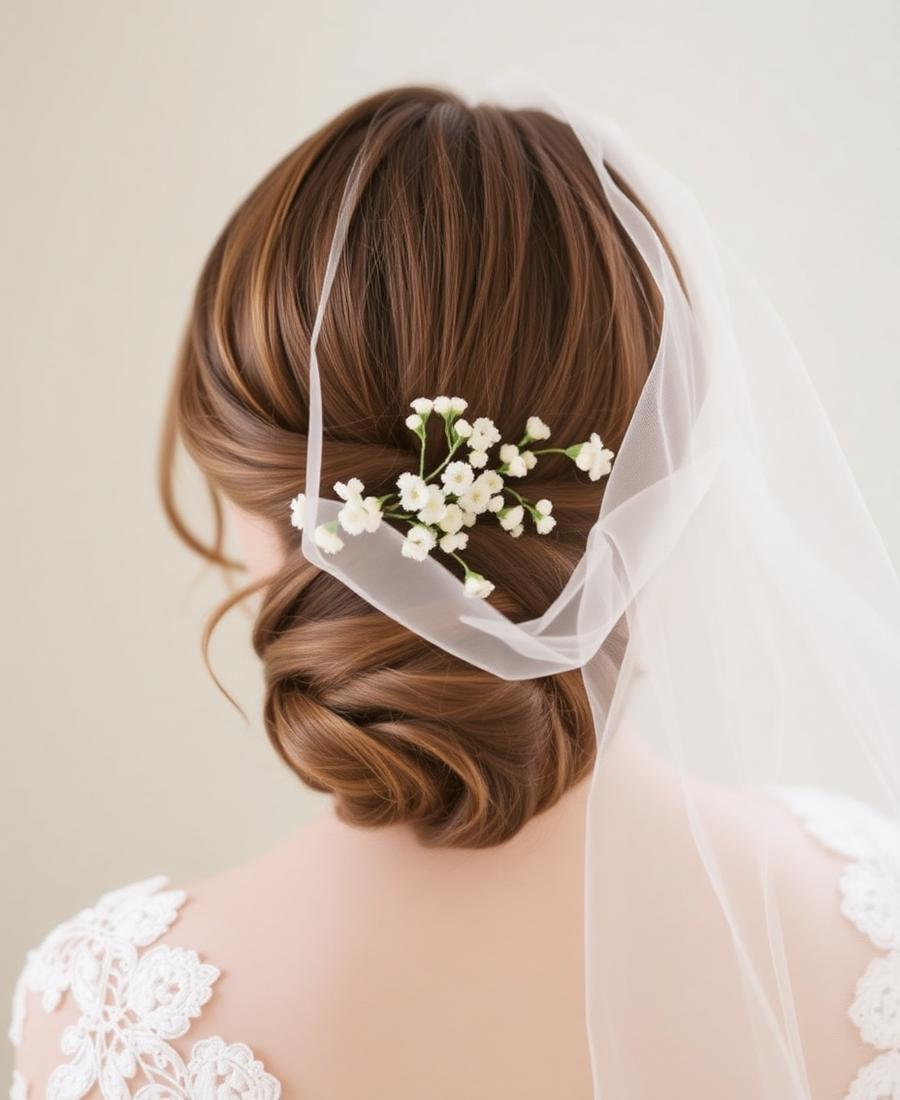 Bridal updo with delicate white flowers