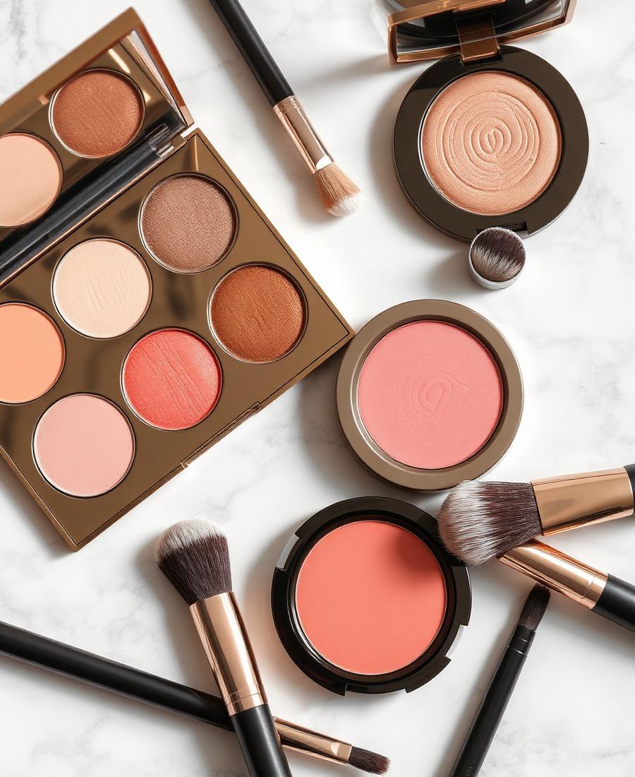 Champagne and blush makeup palette on marble